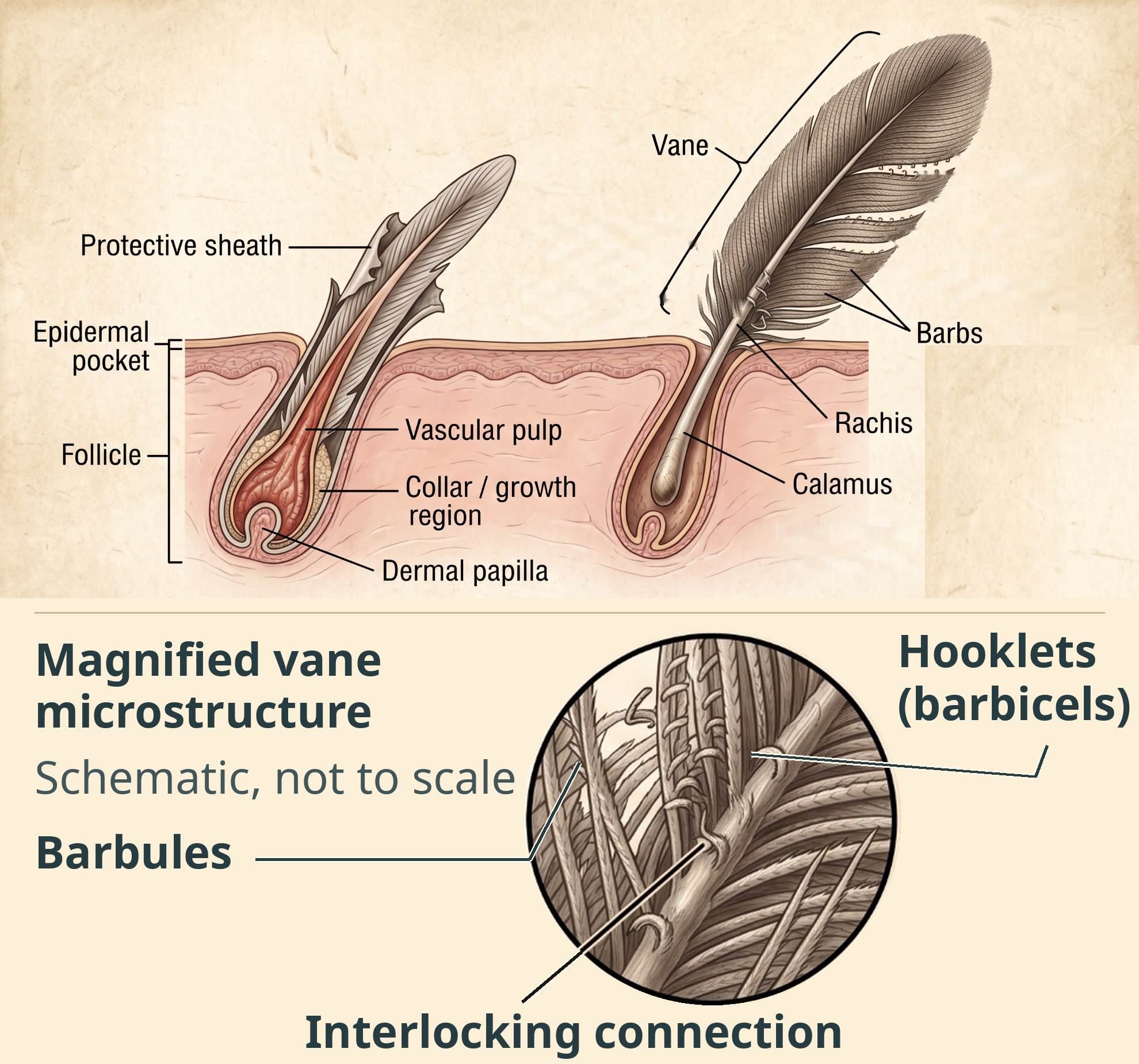 Feather and follicle schematic showing the growing feather, mature shaft, barbs, and enlarged barbules with hooklets.