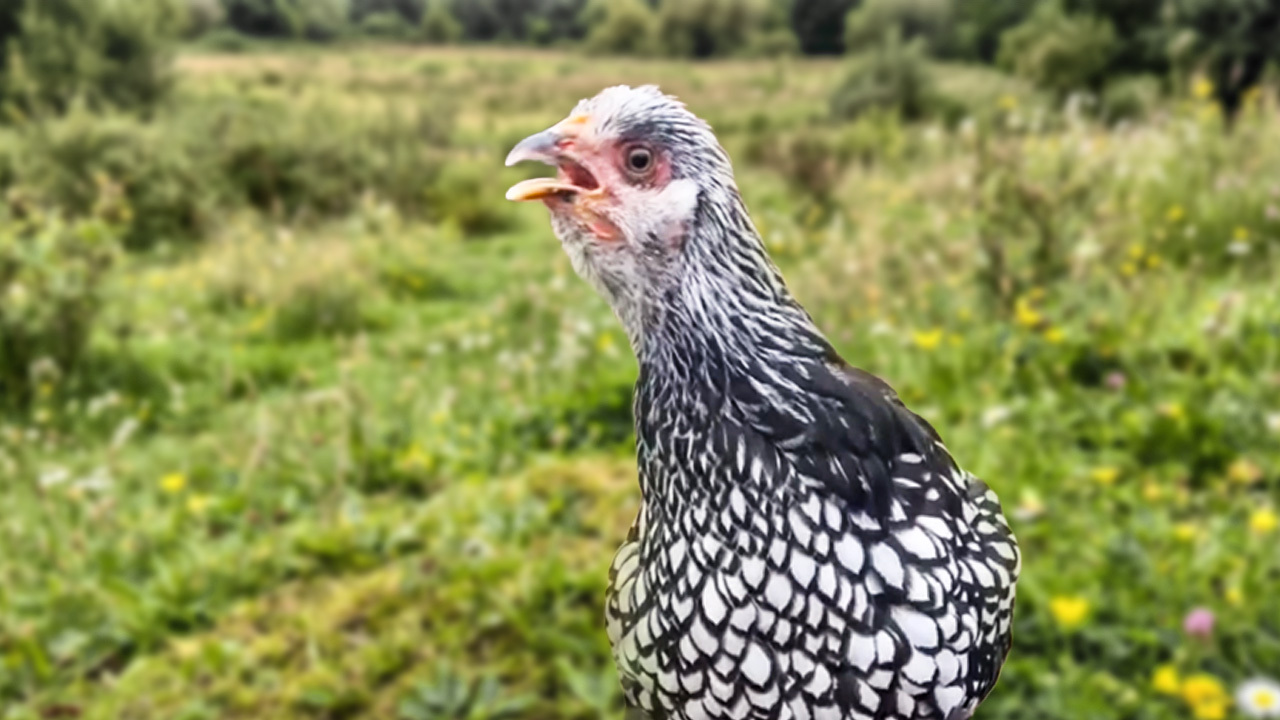 A backyard hen standing with neck stretched and beak open, the classic gaping posture seen in both gapeworm vs respiratory disease.